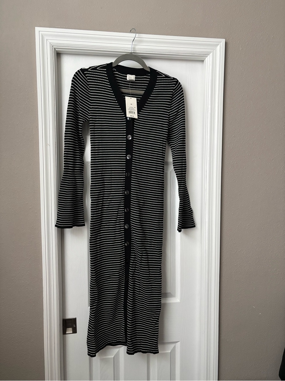 a new day Black and White Striped Long Sleeve Button-Front Knit Dress